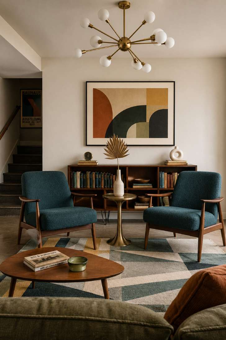 A mid century modern basement lounge with teal boucle chairs, walnut bookcase, geometric rug, and a Sputnik chandelier.
