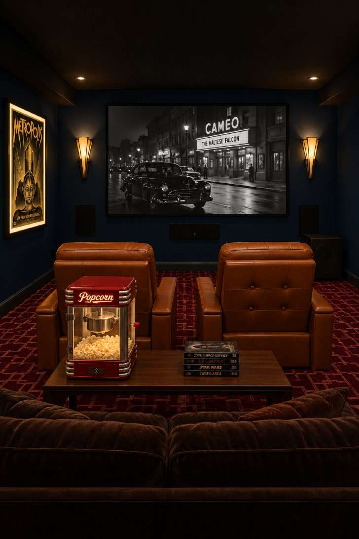 A retro home theater in a basement with cognac leather recliners, a deep navy screen wall, art deco sconces, and a vintage popcorn machine.