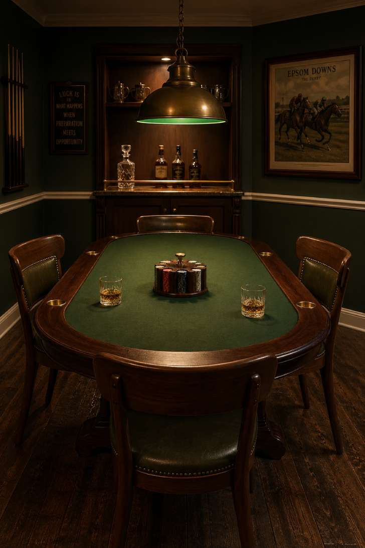 A vintage basement game table room with a green felt poker table, mahogany rails, brass pendant light, and a built-in bar nook.