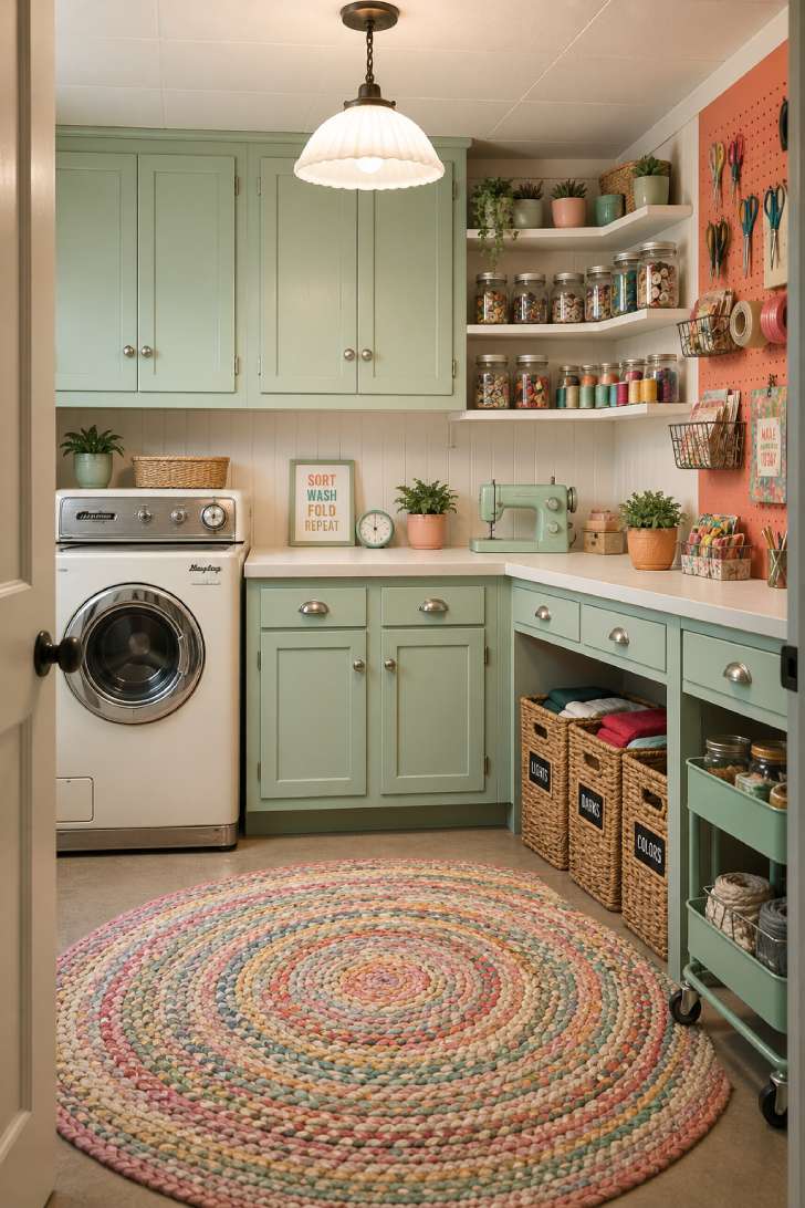 A retro basement laundry and craft room with mint green cabinets, chrome hardware, open shelving with mason jars, and a coral pegboard.