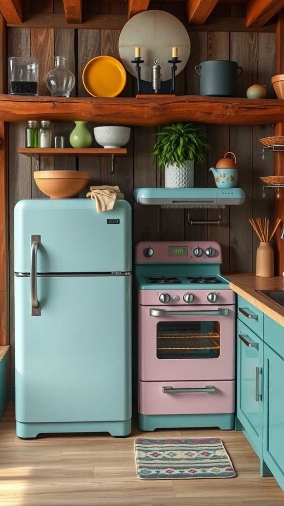 A cozy farmhouse kitchen featuring retro appliances in pastel colors.