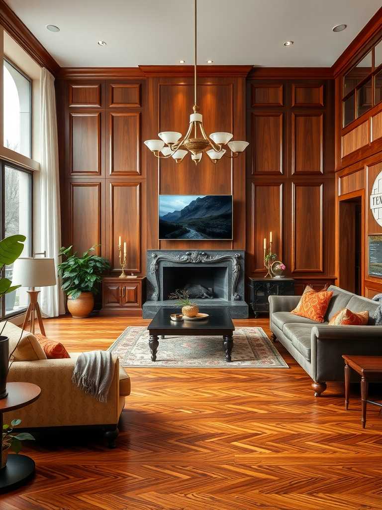 A luxurious living room featuring rich wood paneling and floors, elegant furniture, and warm lighting.