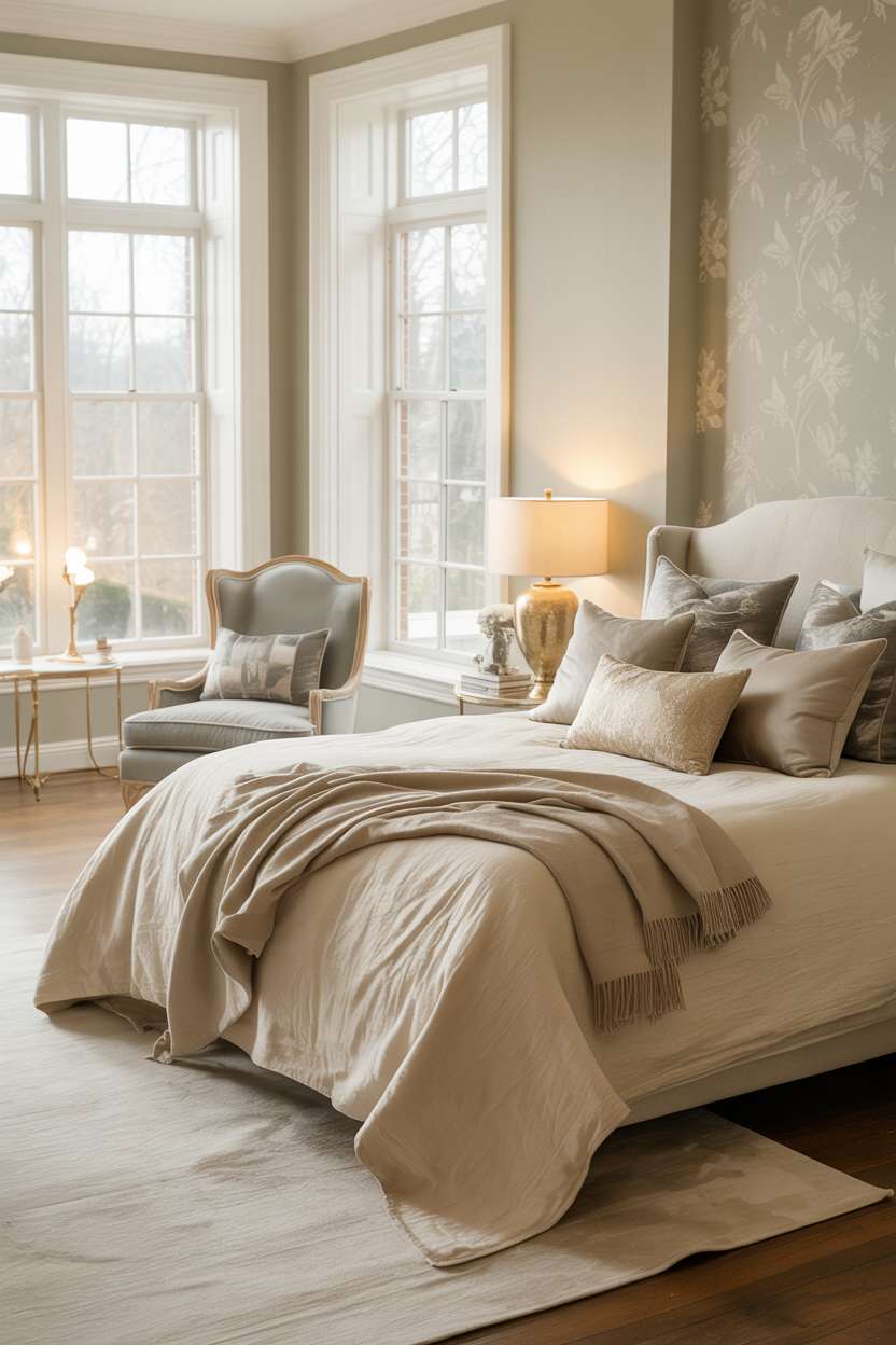 Luxurious master bedroom with sage green walls, cream linen bedding, and hardwood floors bathed in natural light