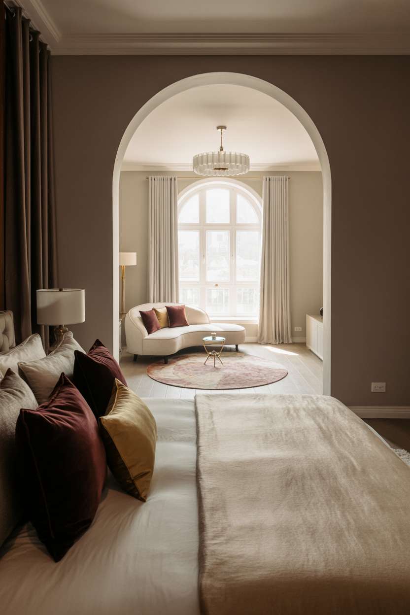 Expansive master bedroom featuring ivory linens, burgundy velvet pillows, and curved seating area with modern chandelier