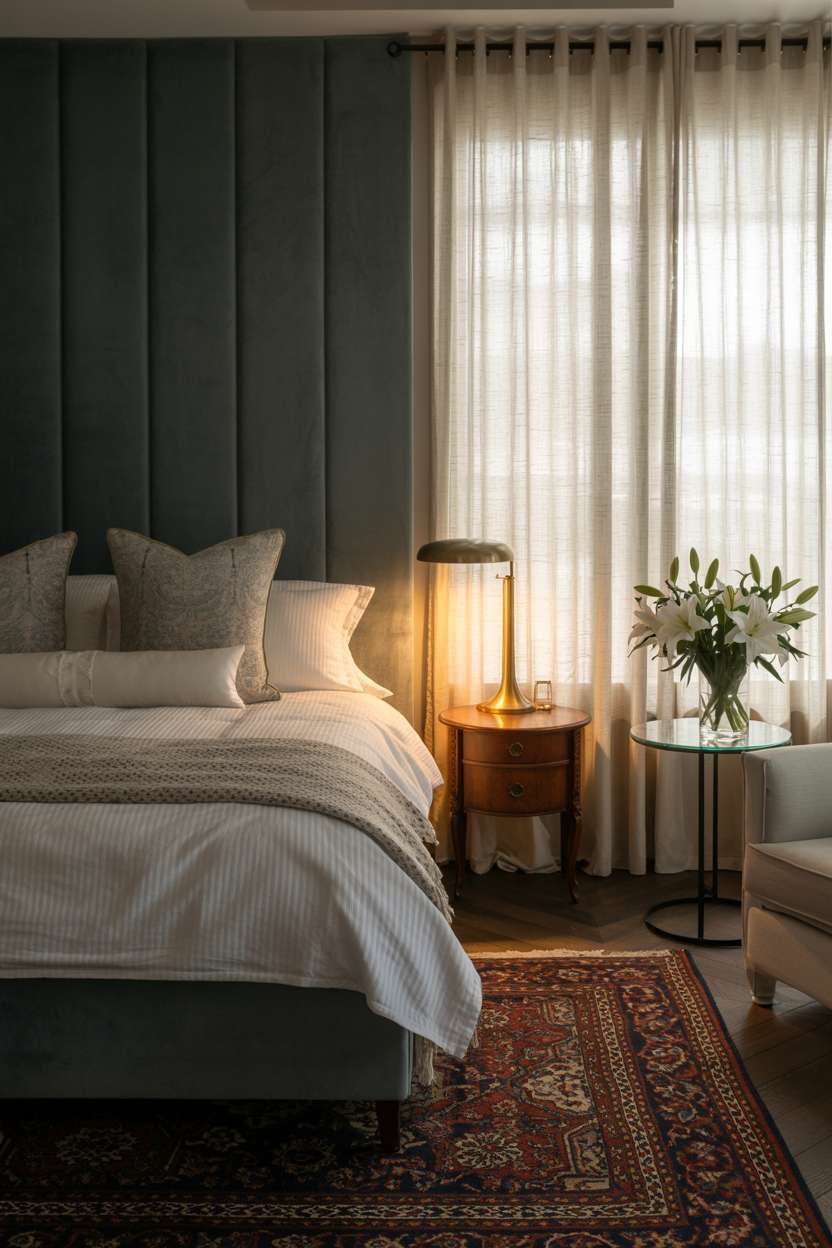 Romantic bedroom with dark teal velvet headboard, white linens, Persian rug, and brass lighting elements