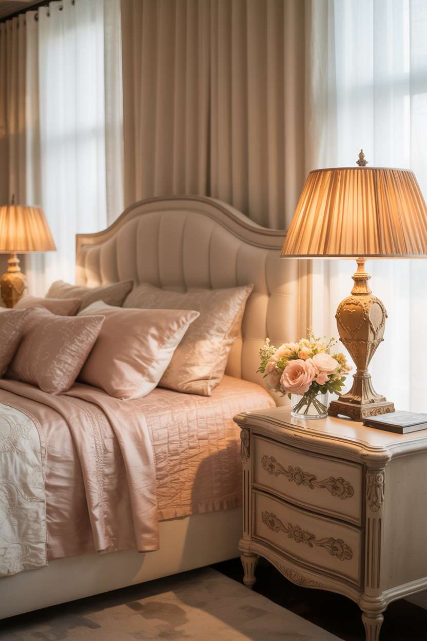 Sophisticated bedroom with ivory headboard, blush pink and cream bedding, and ornate brass lamps