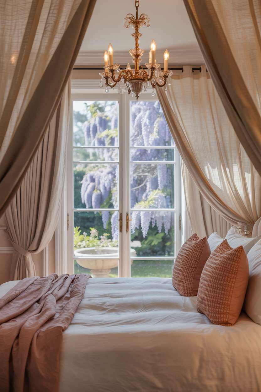 Elegant bedroom with white linen bedding, antique chandelier, and large window overlooking blooming wisteria garden