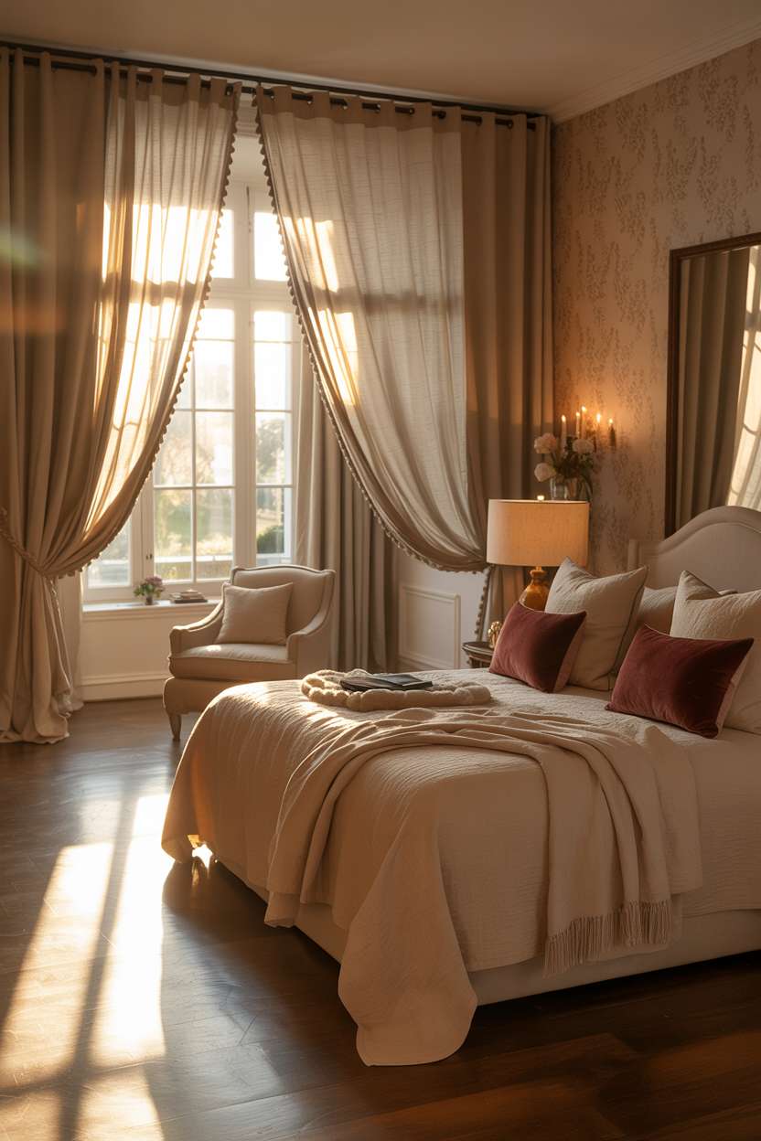 Elegant bedroom with cream linens, burgundy velvet pillows, floral wallpaper, antique mirror, and cozy reading corner
