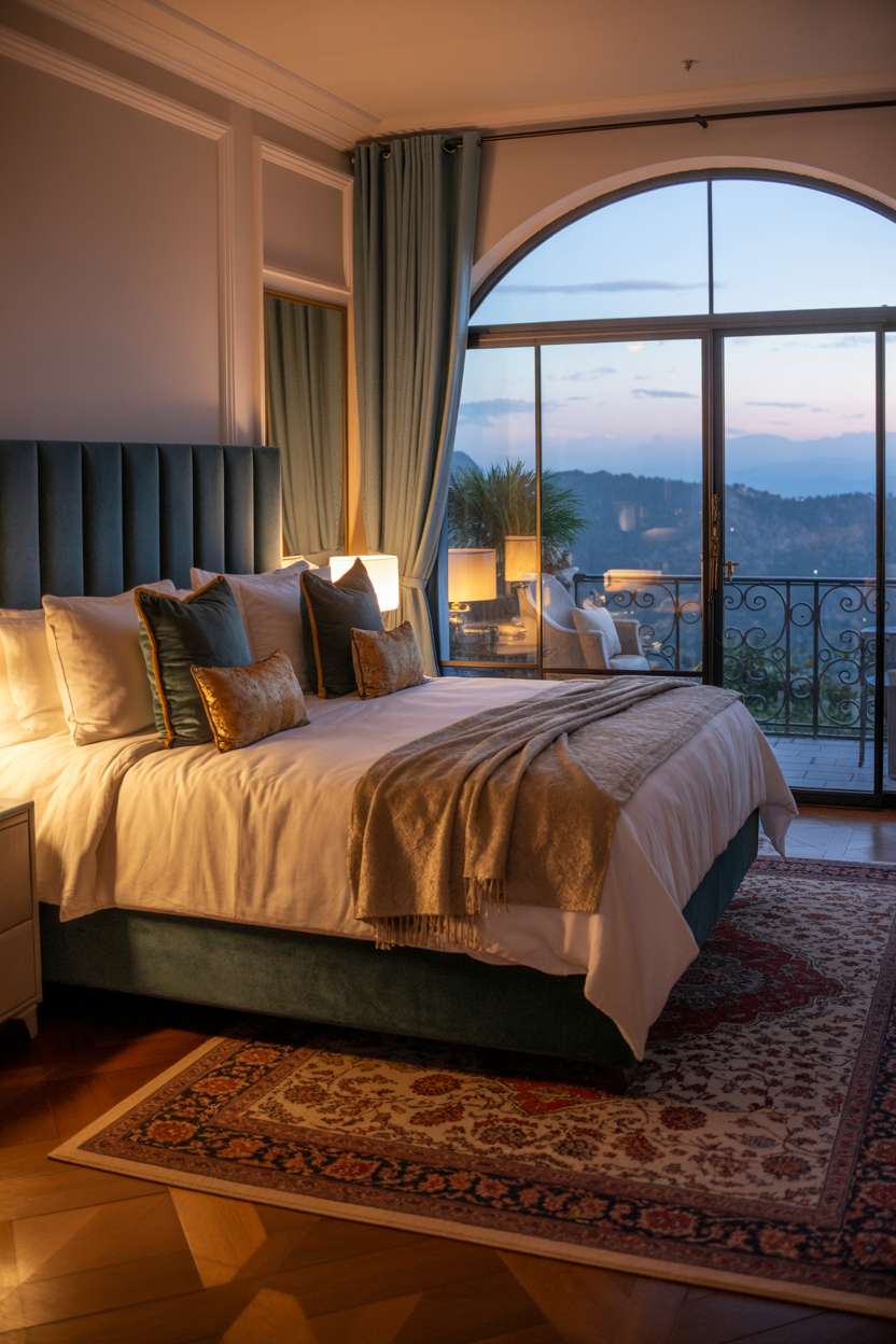 Dramatic bedroom with deep teal headboard, white linens, mountain view, and Persian rug accents