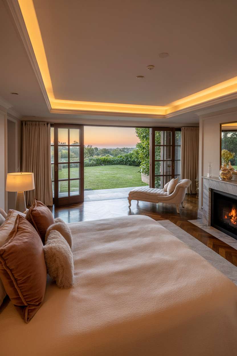 Luxurious bedroom with ivory linens, rose-toned pillows, marble fireplace, chaise lounge, and garden sunset view