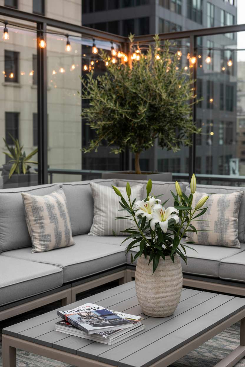 31 Rooftop Patio Design Ideas for Stylish Outdoor Living 1 Grey sectional sofa with patterned pillows on rooftop patio overlooking city skyline with string lights overhead