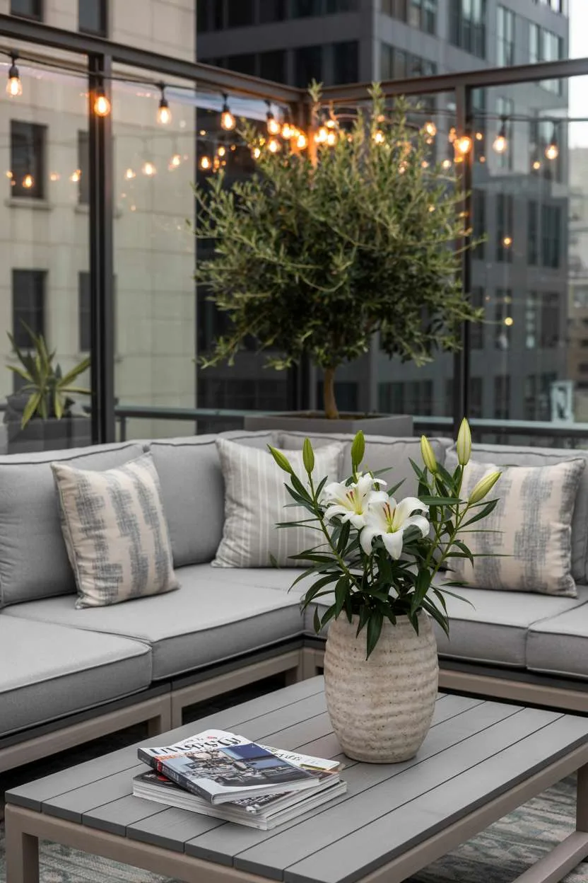 31 Rooftop Patio Design Ideas for Stylish Outdoor Living 1 Grey sectional sofa with patterned pillows on rooftop patio overlooking city skyline with string lights overhead
