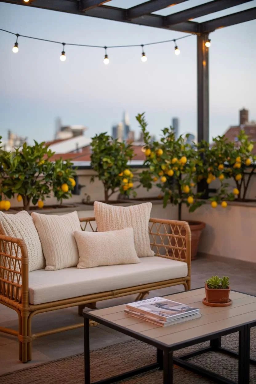 31 Rooftop Patio Design Ideas for Stylish Outdoor Living 2 Rattan sofa with cream cushions around wooden coffee table on pergola-covered patio with city skyline view