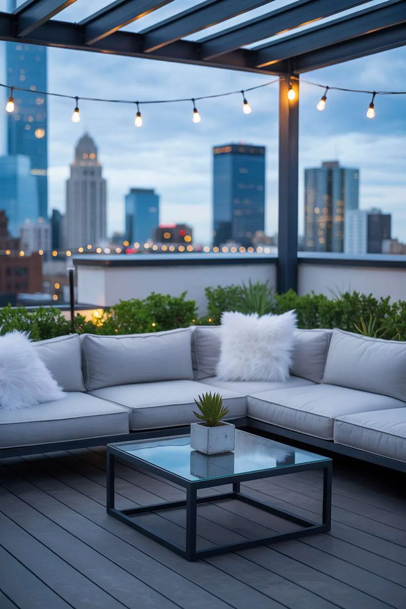 31 Rooftop Patio Design Ideas for Stylish Outdoor Living 3 Sleek gray sectional with white pillows on dark wood deck overlooking city lights at dusk