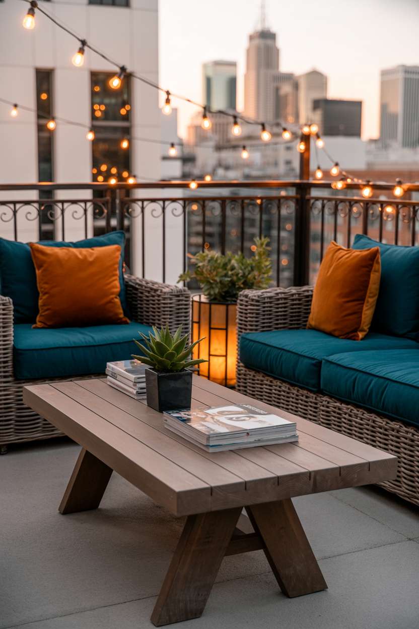 31 Rooftop Patio Design Ideas for Stylish Outdoor Living 4 Woven rattan chairs with teal and orange velvet cushions around rustic wooden table on rooftop patio