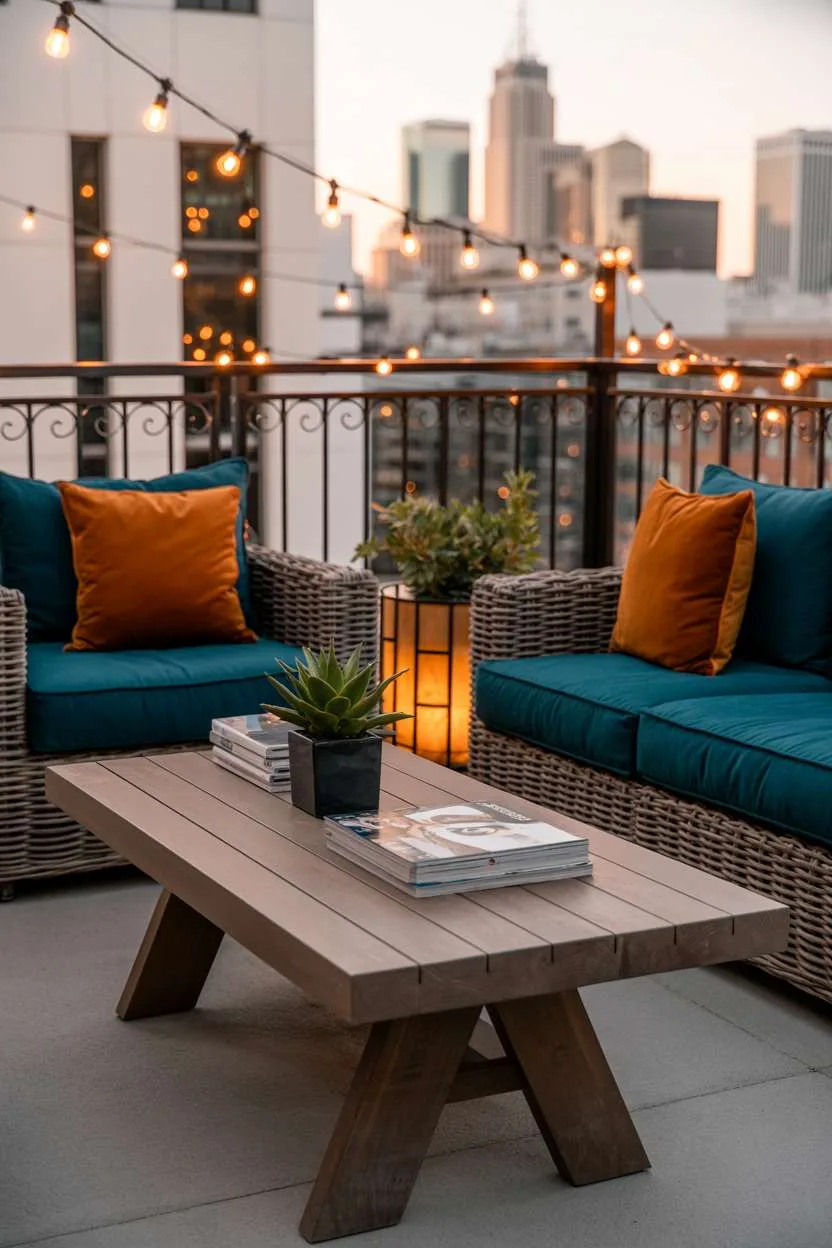 31 Rooftop Patio Design Ideas for Stylish Outdoor Living 4 Woven rattan chairs with teal and orange velvet cushions around rustic wooden table on rooftop patio