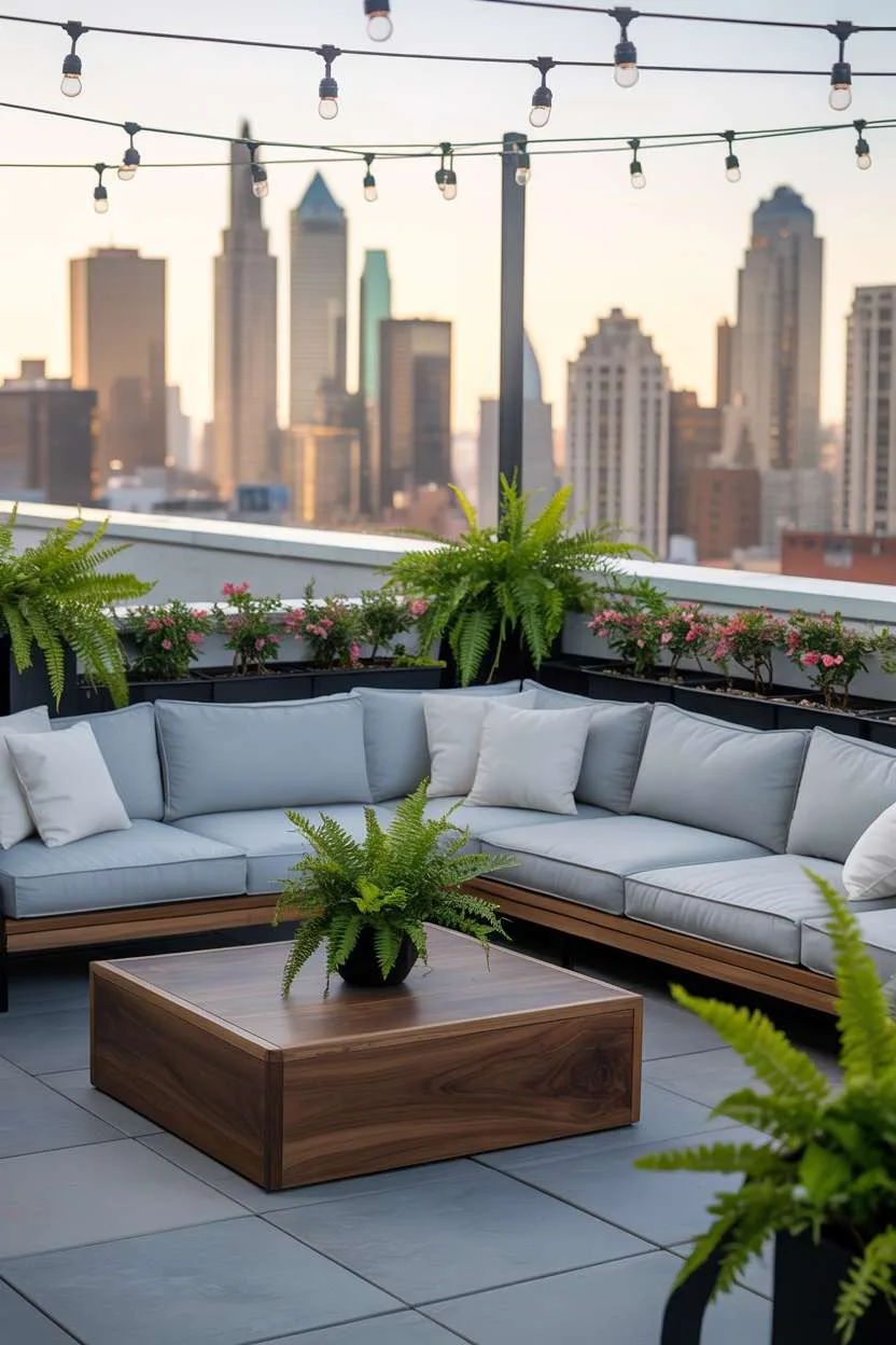 31 Rooftop Patio Design Ideas for Stylish Outdoor Living 5 Modern grey sectional sofa with white cushions and walnut coffee table surrounded by potted plants at sunset