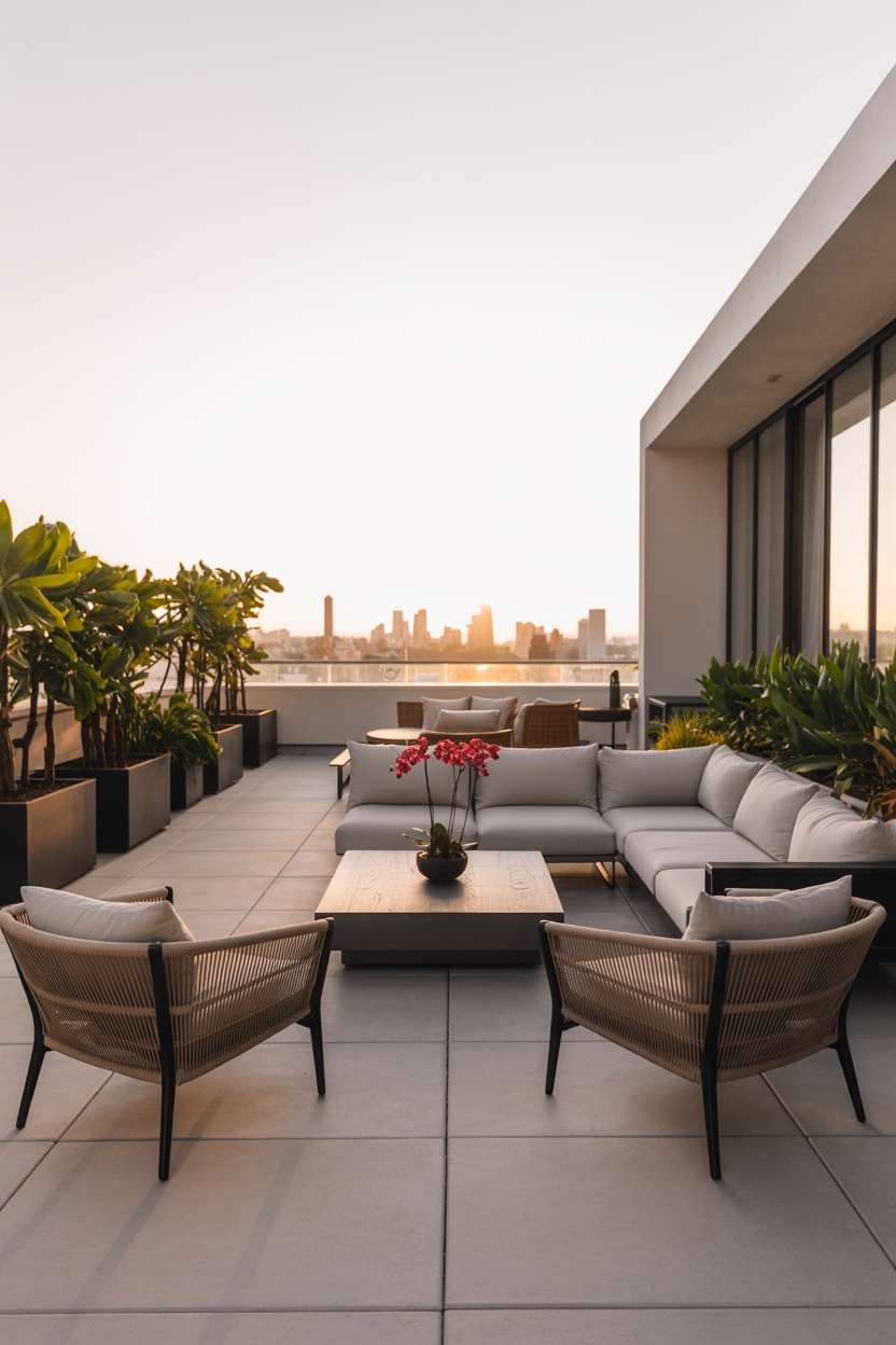 31 Rooftop Patio Design Ideas for Stylish Outdoor Living 6 Minimalist patio with grey sectional, rattan chairs, and red orchids overlooking city through large windows
