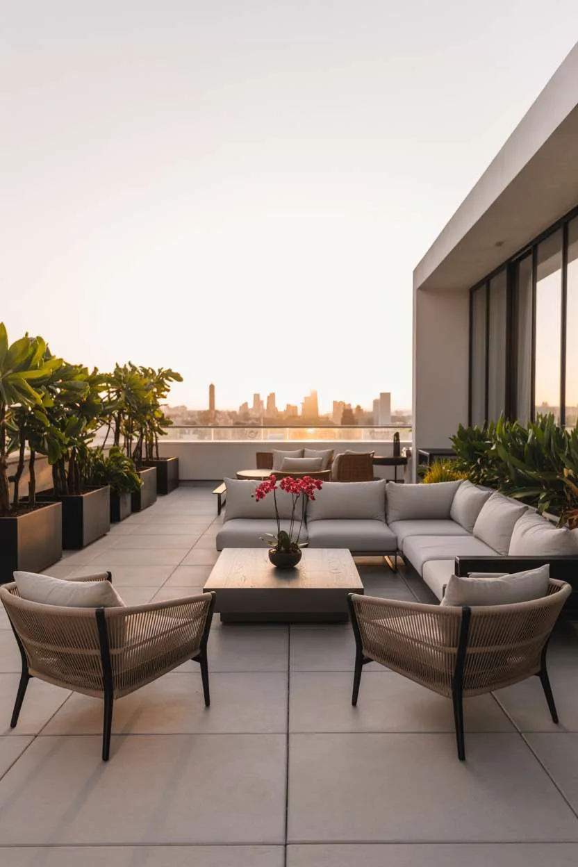 31 Rooftop Patio Design Ideas for Stylish Outdoor Living 6 Minimalist patio with grey sectional, rattan chairs, and red orchids overlooking city through large windows