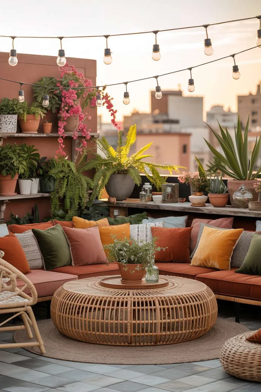 31 Rooftop Patio Design Ideas for Stylish Outdoor Living 7 Large circular rattan table with mismatched earth-toned cushions surrounded by woven chairs and fairy lights