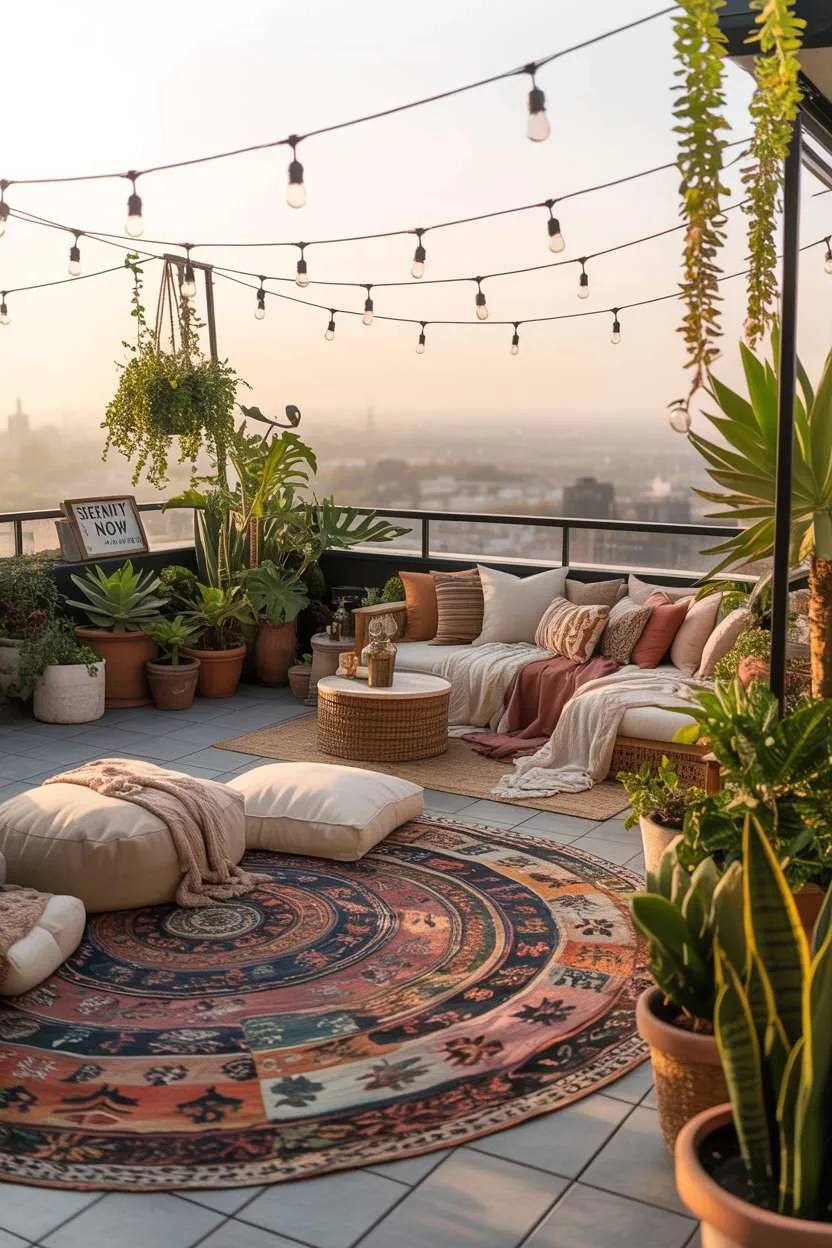 31 Rooftop Patio Design Ideas for Stylish Outdoor Living 8 Bohemian rooftop with geometric patterned rug, mismatched cushions, and trailing plants with fairy lights