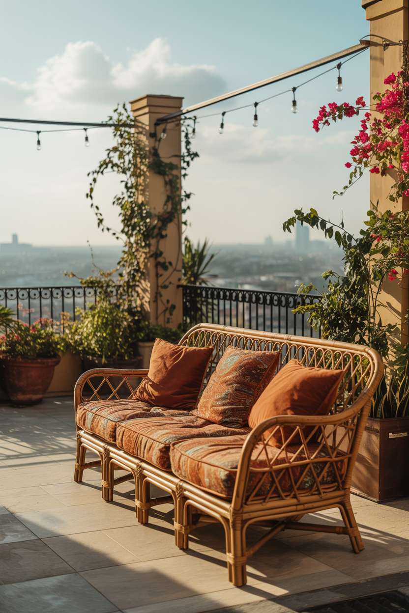 31 Rooftop Patio Design Ideas for Stylish Outdoor Living 9 Vintage rattan sofa with earth-toned patterned cushions near iron railing with trailing plants and city view