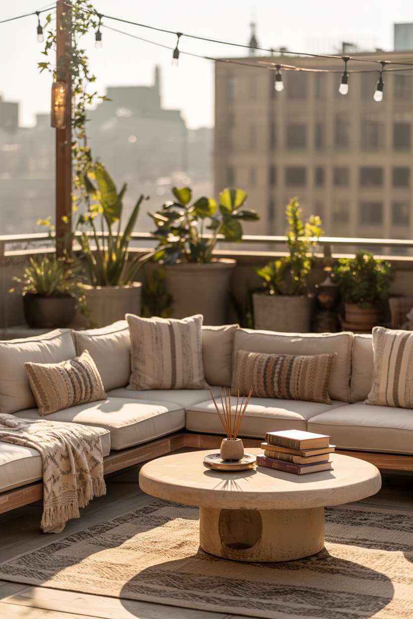 31 Rooftop Patio Design Ideas for Stylish Outdoor Living 10 Large cream sectional sofa with patterned pillows and circular coffee table displaying vintage books in golden light