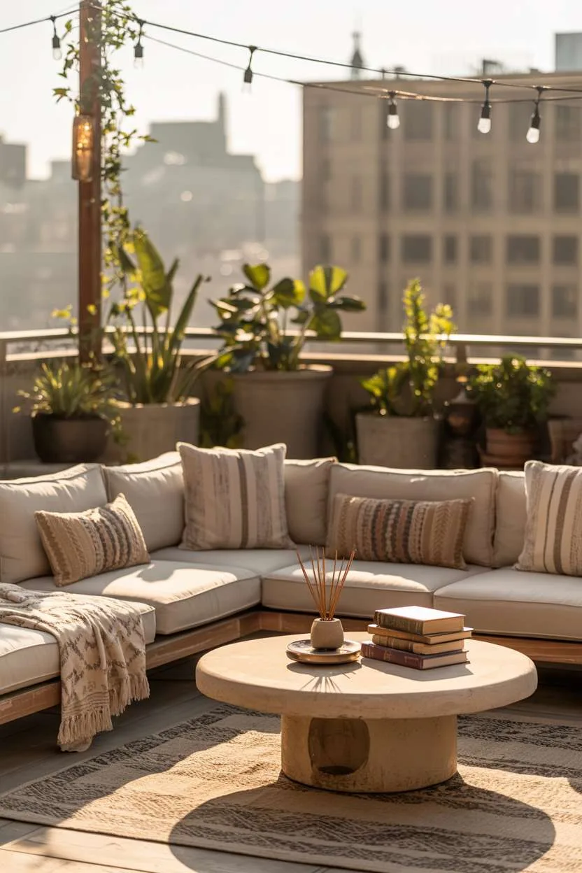 31 Rooftop Patio Design Ideas for Stylish Outdoor Living 10 Large cream sectional sofa with patterned pillows and circular coffee table displaying vintage books in golden light
