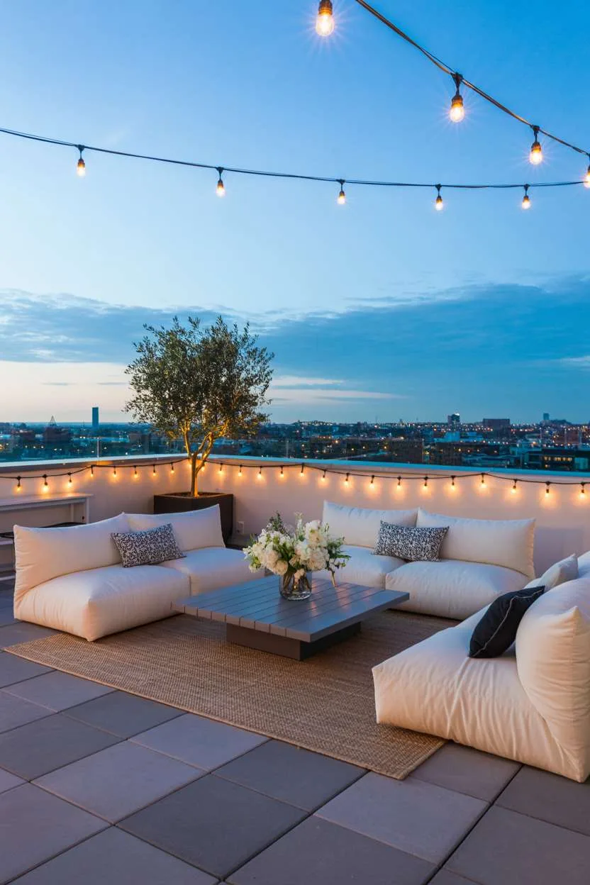 31 Rooftop Patio Design Ideas for Stylish Outdoor Living 11 Cream sectional with dark wood coffee table on grey pavers with glass railings and olive tree accent