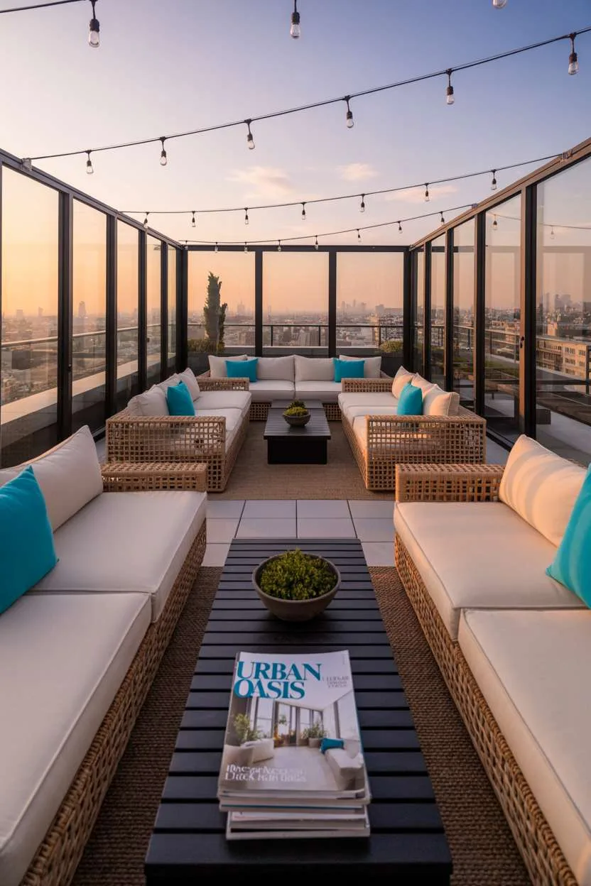 31 Rooftop Patio Design Ideas for Stylish Outdoor Living 12 Cream sectionals with turquoise cushions and rattan chairs around dark wood coffee table at sunset