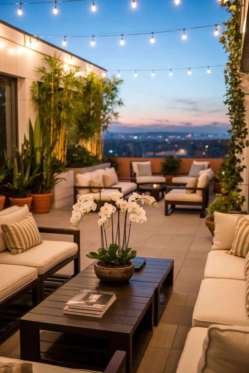 31 Rooftop Patio Design Ideas for Stylish Outdoor Living 13 Cream seating with white orchids around dark wood table with bamboo plants and ivy creating natural privacy screen