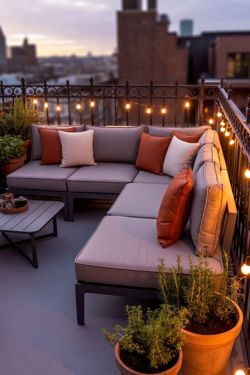 31 Rooftop Patio Design Ideas for Stylish Outdoor Living 14 Small minimalist patio with grey sectional, terracotta cushions, and herb garden in terracotta pots along railing