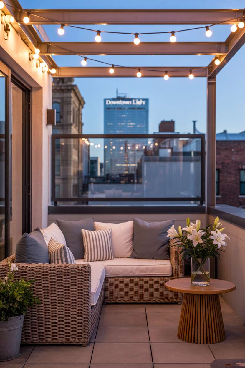 31 Rooftop Patio Design Ideas for Stylish Outdoor Living 15 Low wicker sofa with grey and cream cushions behind glass railing with white lilies and city lights view