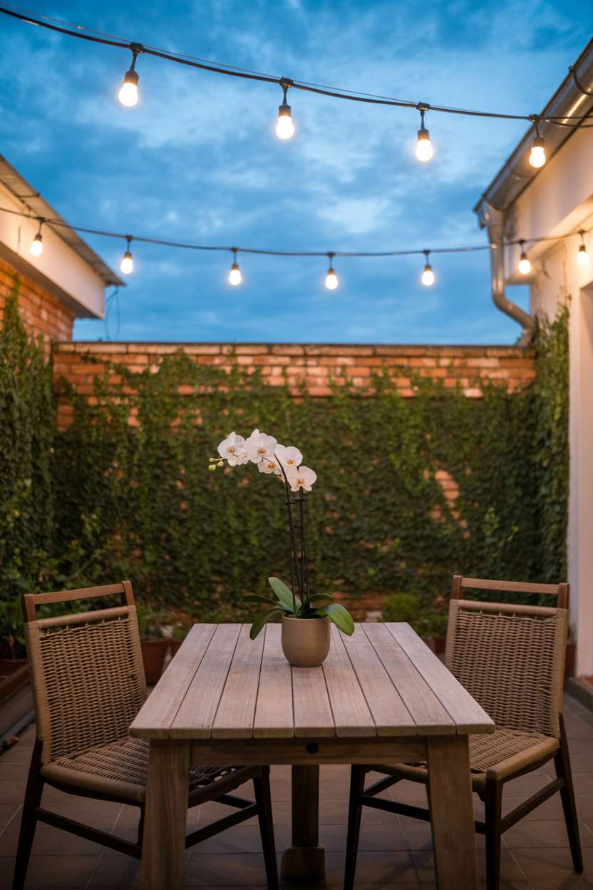 31 Rooftop Patio Design Ideas for Stylish Outdoor Living 16 Weathered wooden table with white orchid between woven chairs against ivy-covered brick wall with string lights