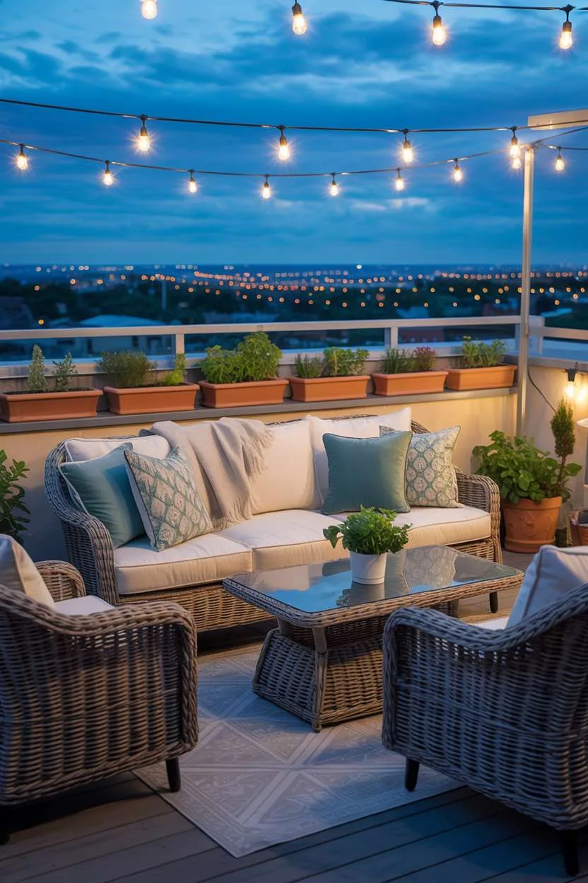 31 Rooftop Patio Design Ideas for Stylish Outdoor Living 17 Wicker sofa with teal and cream cushions and throw blanket around glass coffee table with herb garden and city view