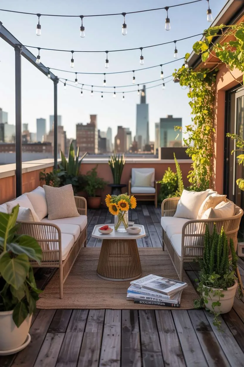 31 Rooftop Patio Design Ideas for Stylish Outdoor Living 18 Rattan furniture around table with sunflower vase and design magazines on weathered wood deck with string lights