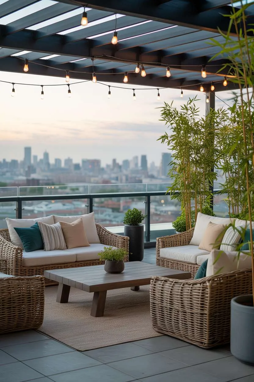 31 Rooftop Patio Design Ideas for Stylish Outdoor Living 19 Oversized rattan furniture with cream and teal cushions around dark wood coffee table with bamboo privacy screening