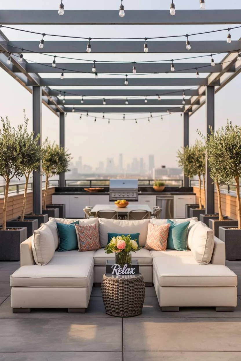 31 Rooftop Patio Design Ideas for Stylish Outdoor Living 20 Cream sectional with teal and coral pillows facing outdoor kitchen with stainless steel appliances and olive trees