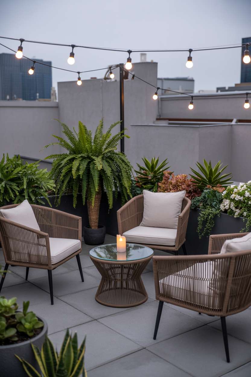 31 Rooftop Patio Design Ideas for Stylish Outdoor Living 21 Woven rattan furniture around circular table with flickering candle surrounded by ferns and flowering succulents