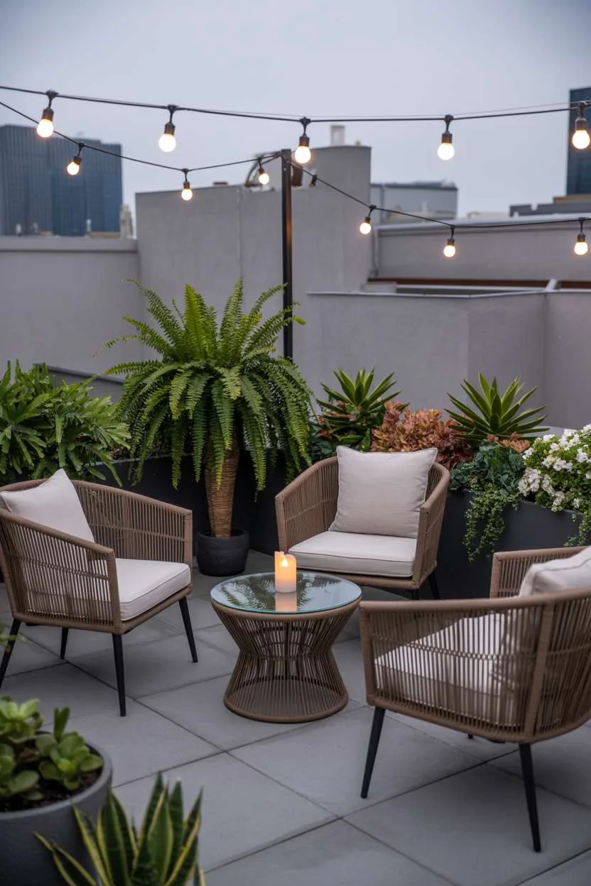 31 Rooftop Patio Design Ideas for Stylish Outdoor Living 21 Woven rattan furniture around circular table with flickering candle surrounded by ferns and flowering succulents