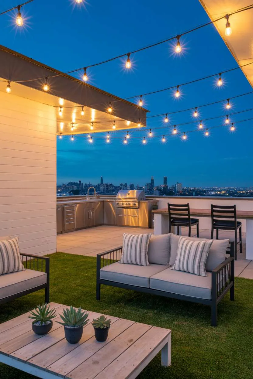 31 Rooftop Patio Design Ideas for Stylish Outdoor Living 22 Modern rooftop with grey lounge seating, outdoor kitchen, and green roof elements overlooking city at dusk