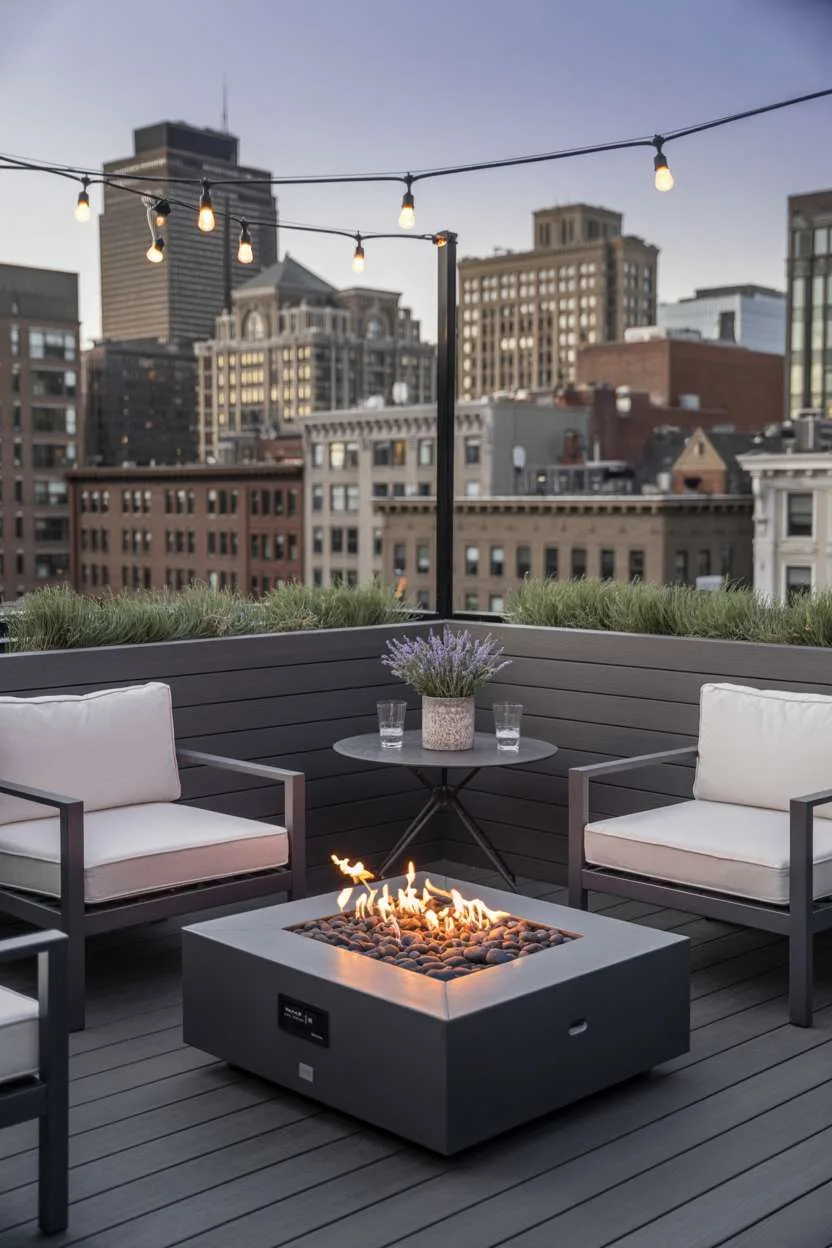 31 Rooftop Patio Design Ideas for Stylish Outdoor Living 23 White furniture around central gas fire pit with river rocks and fairy lights at dusk with city skyline