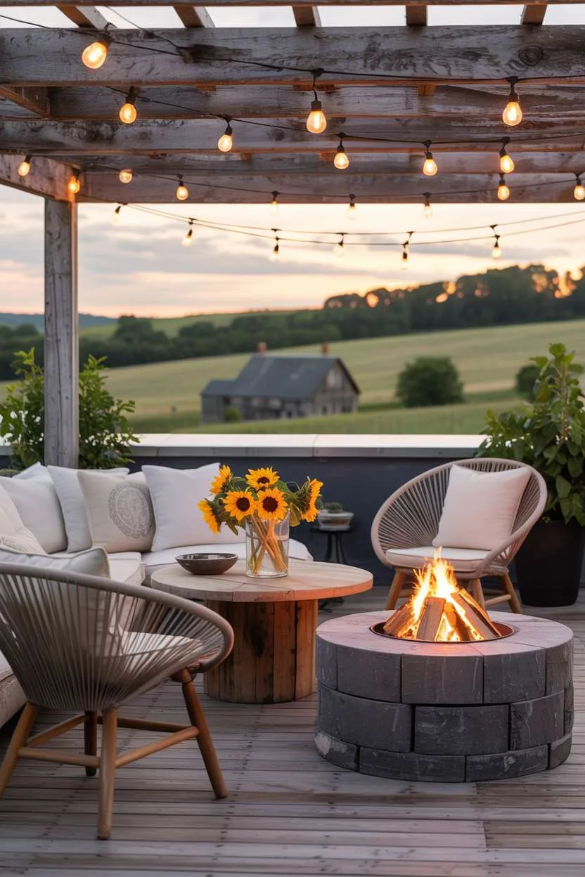 31 Rooftop Patio Design Ideas for Stylish Outdoor Living 24 Rustic woven chairs and wooden table with sunflowers around stone fire pit with rolling hills view