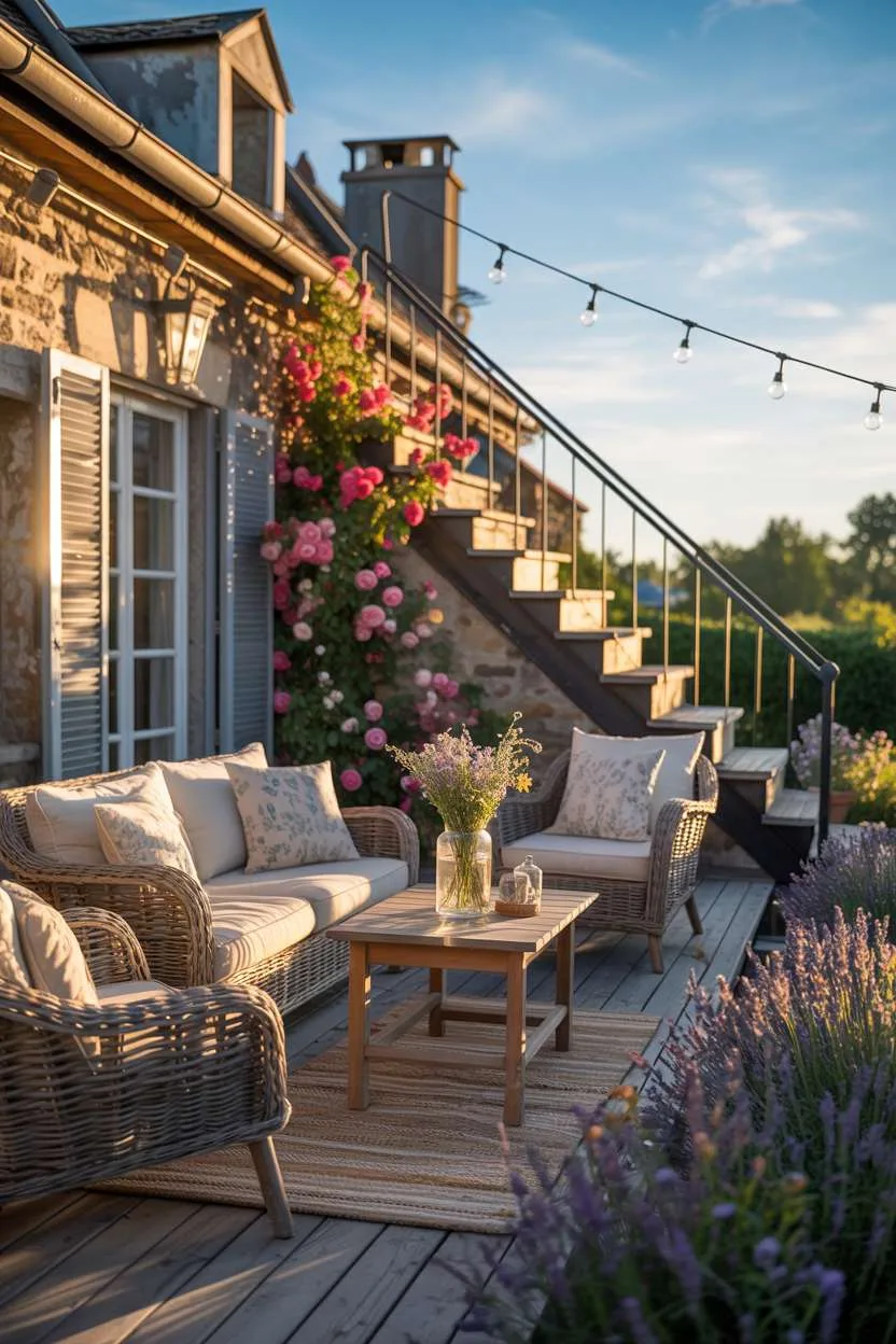 31 Rooftop Patio Design Ideas for Stylish Outdoor Living 25 Wicker furniture with patterned cushions and wildflower vase on rooftop with climbing roses and lavender garden