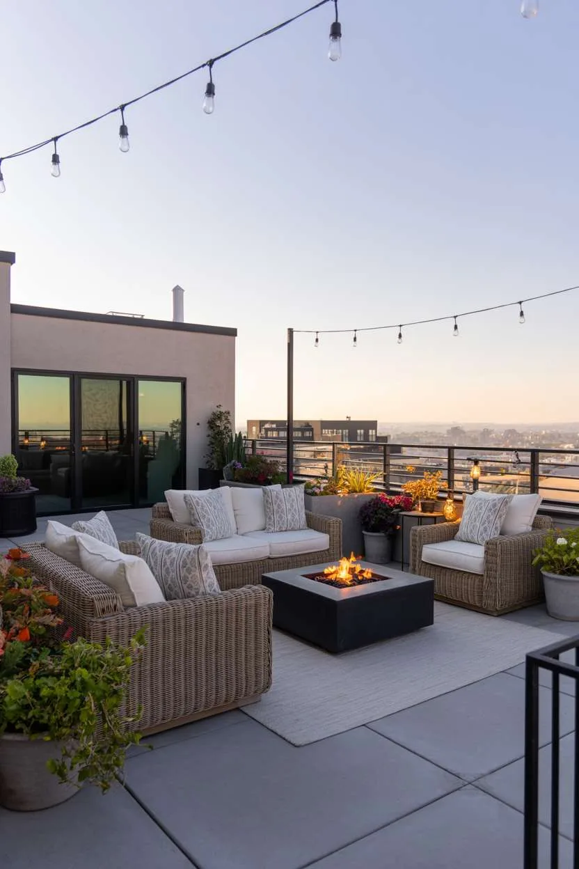 31 Rooftop Patio Design Ideas for Stylish Outdoor Living 26 Modern wicker furniture with patterned cushions around sleek black fire pit with vibrant potted flowers and city view
