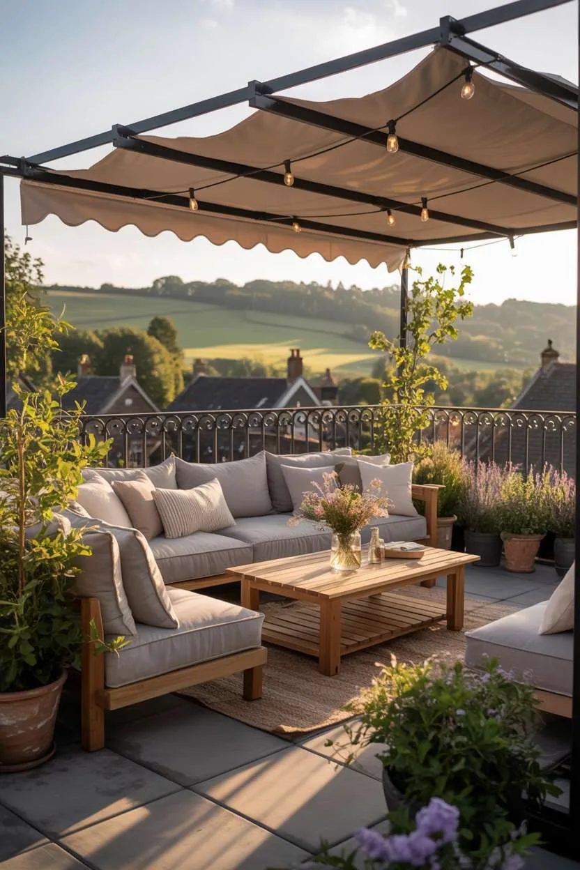 31 Rooftop Patio Design Ideas for Stylish Outdoor Living 27 Grey cushioned seating with wildflower vase under retractable awning with rolling hills view and iron railing