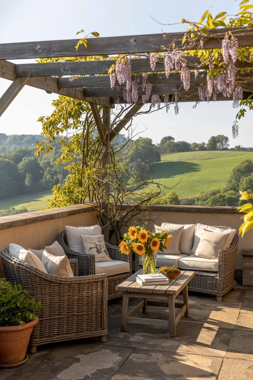 31 Rooftop Patio Design Ideas for Stylish Outdoor Living 28 Wicker furniture with sunflower vase under wisteria-covered wooden pergola overlooking green rolling hills