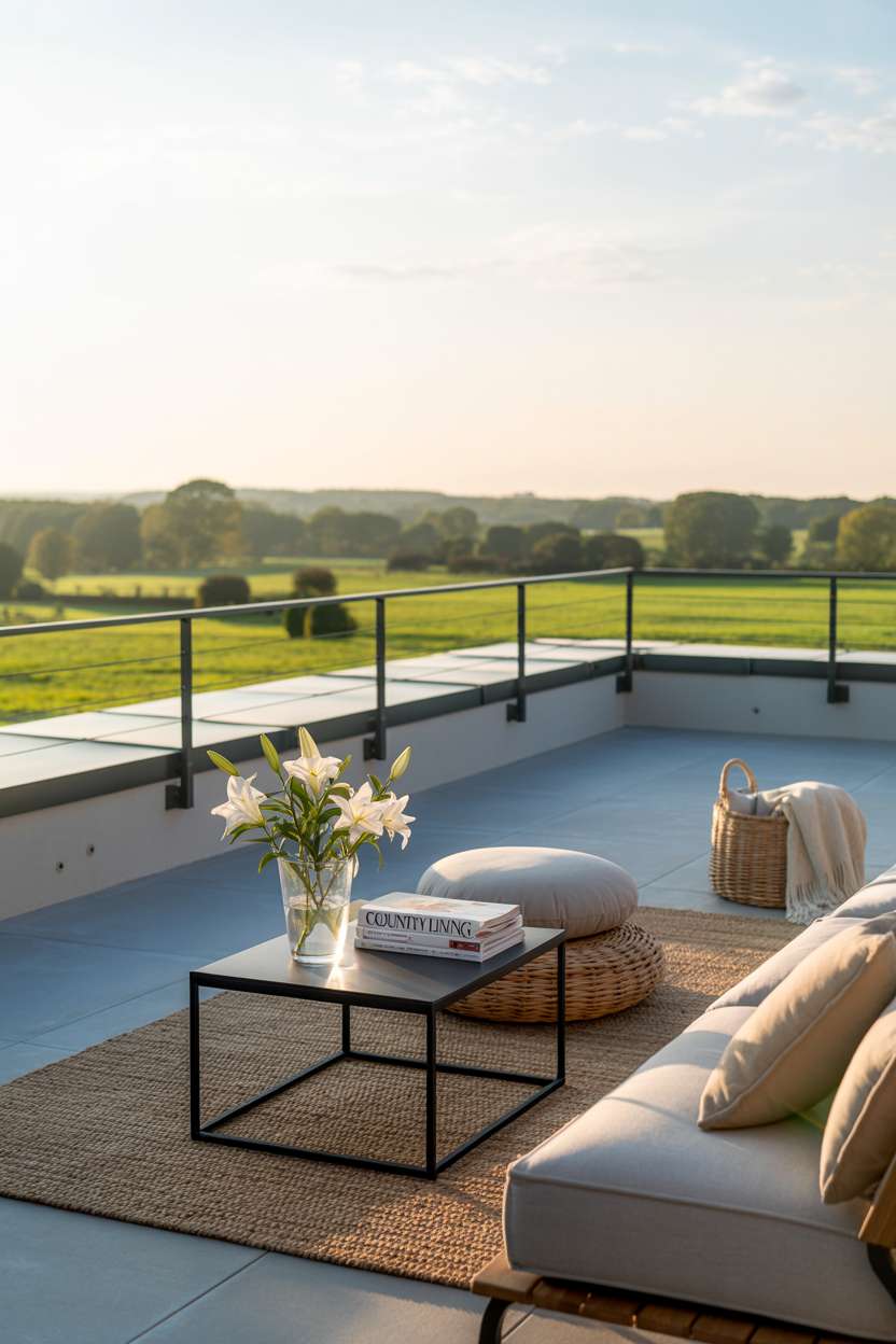 31 Rooftop Patio Design Ideas for Stylish Outdoor Living 29 Flat roof patio with grey cushioned seating, white lilies, and woven accessories overlooking green landscape