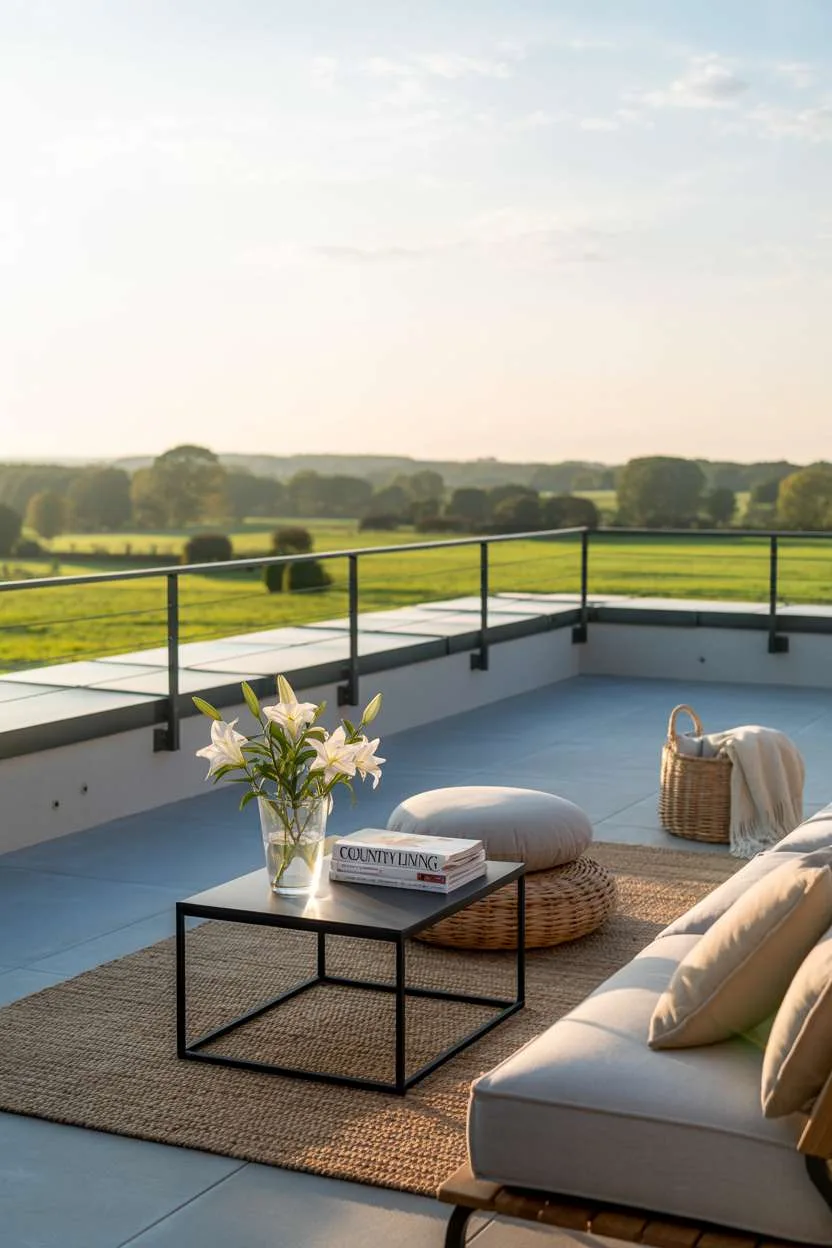 31 Rooftop Patio Design Ideas for Stylish Outdoor Living 29 Flat roof patio with grey cushioned seating, white lilies, and woven accessories overlooking green landscape