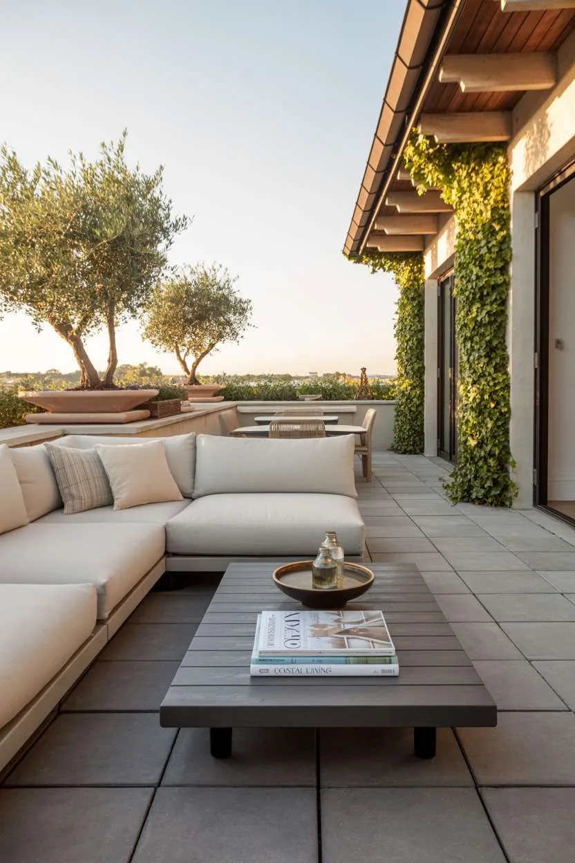31 Rooftop Patio Design Ideas for Stylish Outdoor Living 30 Grey stone paver patio with cream sectional, dark wood coffee table, and olive trees with climbing ivy